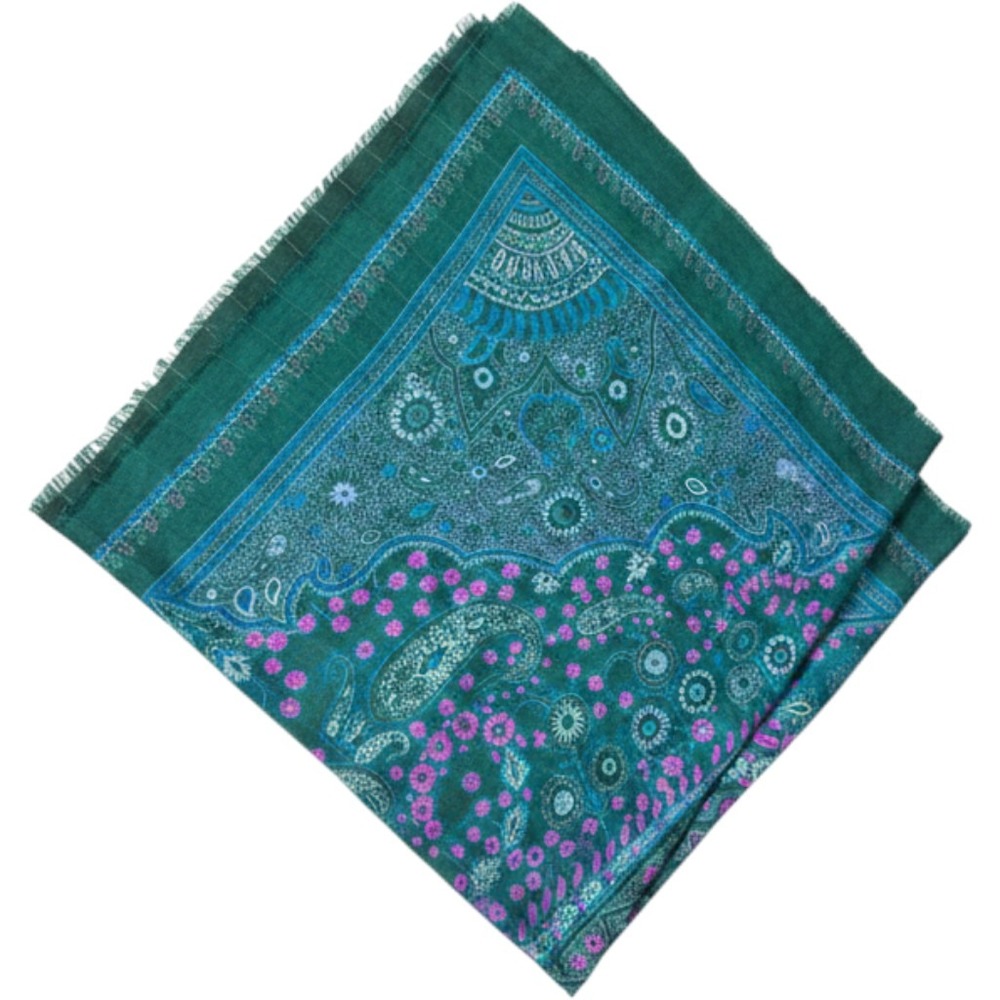 Forest Green Paisley Oversized Square Scarf Gold Metallic Stripe Fringed Shrig